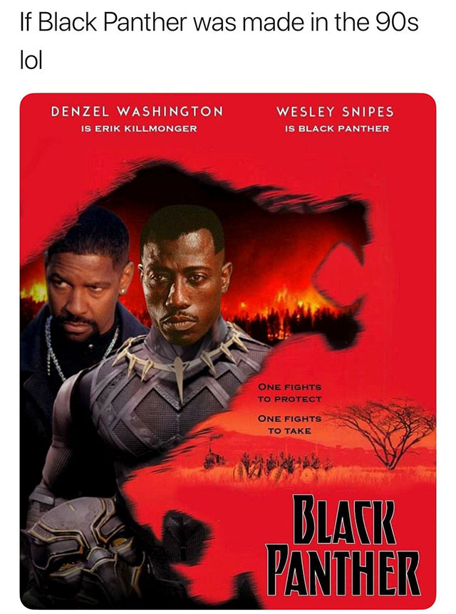if black panther was made in the 90s - If Black Panther was made in the 90s lol Denzel Washington Is Erik Killmonger Wesley Snipes Is Black Panther One Fights To Protect One Fights To Take Black Panther