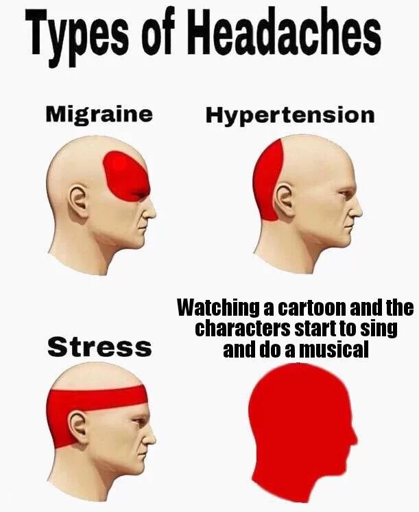 hate musicals meme - Types of Headaches Migraine Hypertension Watching a cartoon and the characters start to sing and do a musical Stress