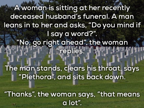 funny bad jokes - A woman is sitting at her recently deceased husband's funeral. A man leans in to her and asks, Do you mind if v I say a word?". . No, go right ahead", the woman The man stands, clears his throat, says "Plethora", and sits back down. "Tha