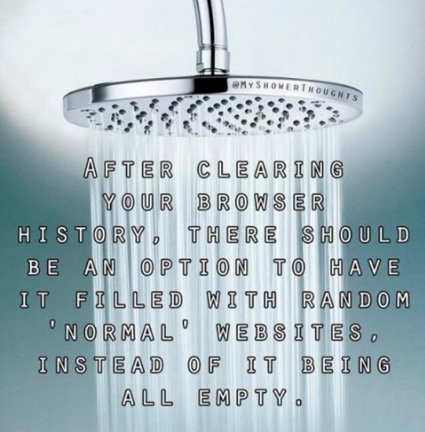 funny shower thoughts - My Shower Thoughts After Clearing Your Browser History, There Should Be An Option To Have It Filled With Random Normal Websites, Instead Of It Being All Empty.
