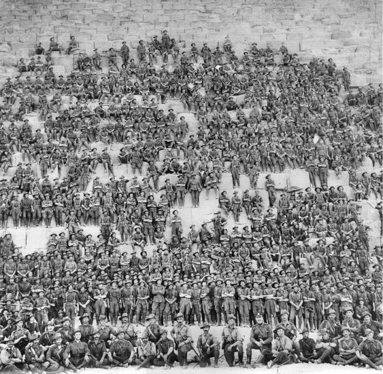 An Australian battalion on one of the Pyramids at Giza, Egypt in 1915.