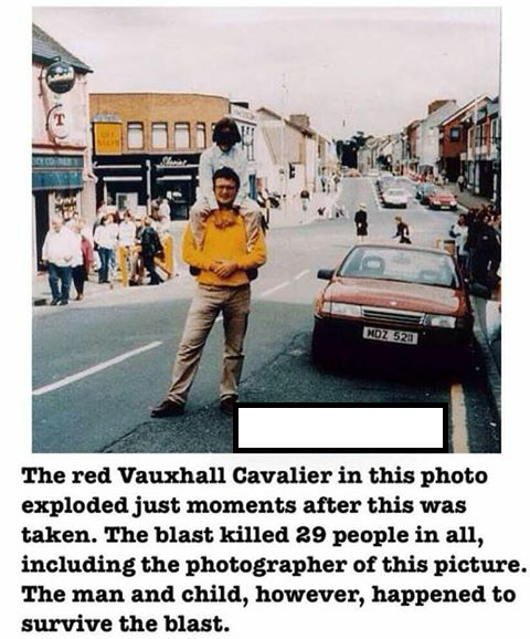 haunting 1998 omagh bombing - Koz 52a The red Vauxhall Cavalier in this photo exploded just moments after this was taken. The blast killed 29 people in all, including the photographer of this picture. The man and child, however, happened to survive the bl