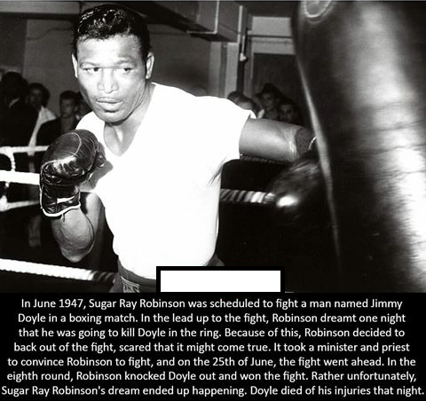 haunting sugar ray robinson facts - In , Sugar Ray Robinson was scheduled to fight a man named Jimmy Doyle in a boxing match. In the lead up to the fight, Robinson dreamt one night that he was going to kill Doyle in the ring. Because of this, Robinson dec