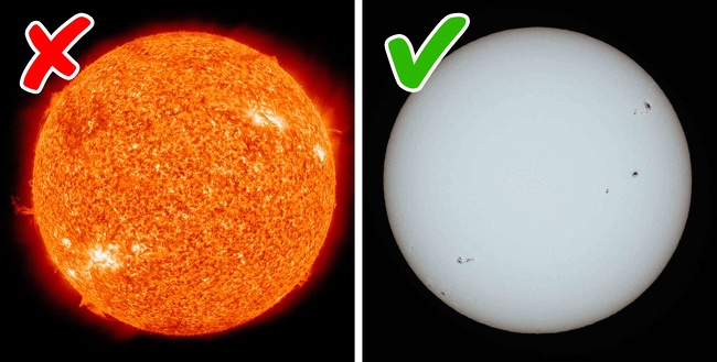 Though the sun is known as a yellow dwarf star, its color is quite different. In fact, the Sun is actually white, but it looks yellow because we see it through the filter of our blue atmosphere. This thick layer of atmosphere at sunrise and sunset make the sun seem more orange or red. And when we’re looking at it through the thinnest layer of air at midday, the sun appears almost white, but still has a yellow tinge.