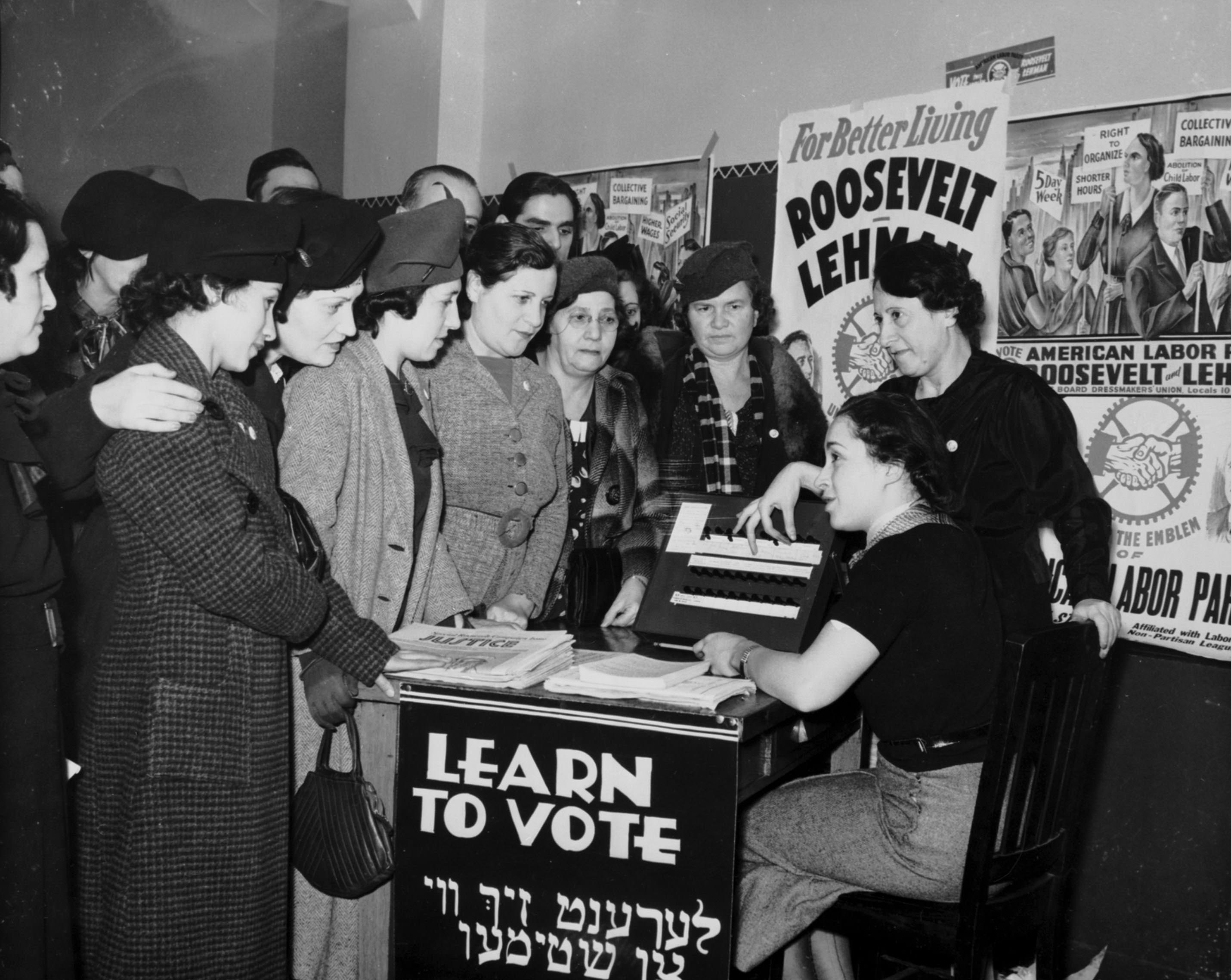 Women getting instructions on how to vote for the first time in NYC, US in 1928.