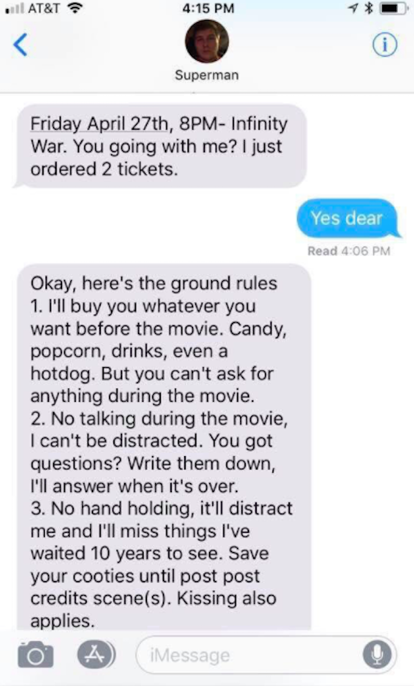 Nerd Gave His GF A Crazy Set Of Rules For When They See Infinity War