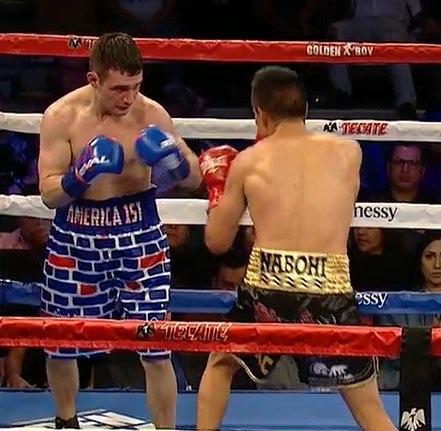Rod Salka wore “America 1st” and a wall pattern on his shorts against Mexican fighter Francisco Vargas. He then took a six round beating from Vargas and quit on his stool