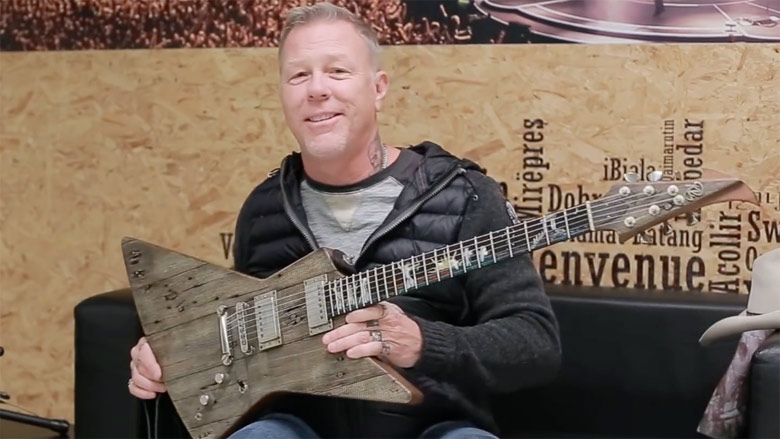 James Hetfield of Metallica’s newest guitar. It is made of reclaimed wood from the garage where the band wrote their second and third albums, Ride the Lightning and Master of Puppets
