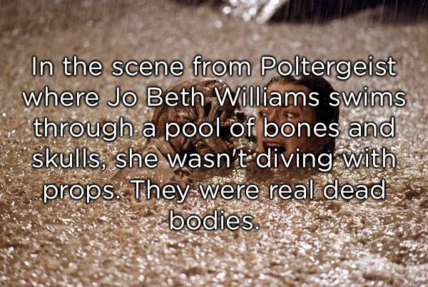 classic film behind the scenes - In the scene from Poltergeist where Jo Beth Williams swims through a pool of bones and skulls, she wasn't diving with props. They were real dead bodies, es