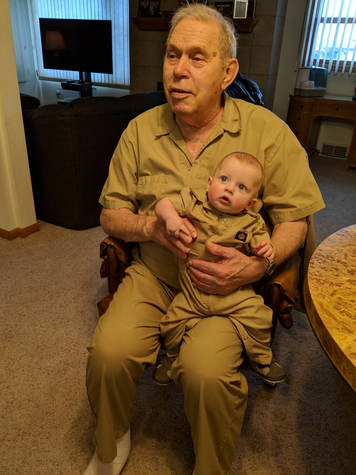 “My-mother-in-law made my son a pair of coveralls from one of his grandpa’s old ones.”