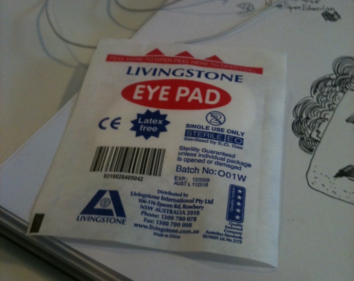 label - Livingstone Eye Pad Latex free Single Use Only Sterile Eo Stered by E.O. Gas Sterility Guaranteed unless Individual package is opened or damaged Batch No001W Exp 122009 Aust L 112518 9316026405042 Distributed by Livingstone International Pty Ltd 1