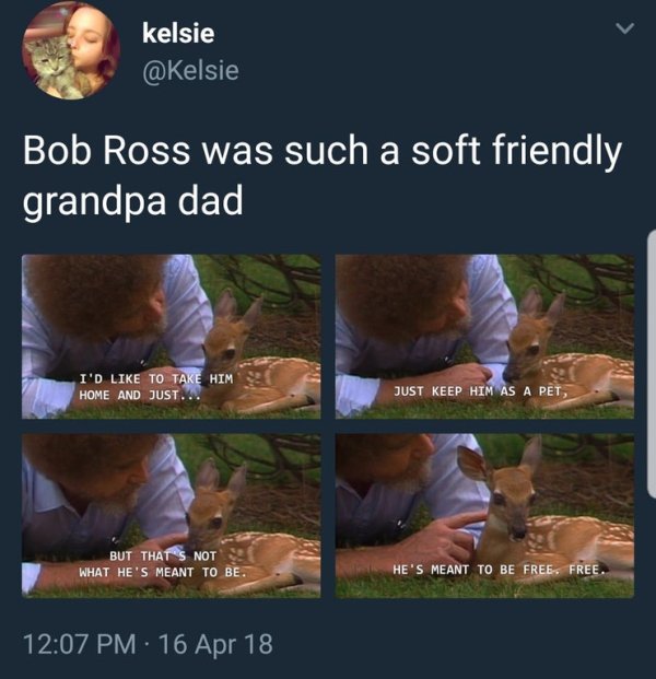 wholesome meme about grass - kelsie Bob Ross was such a soft friendly grandpa dad I'D To Take Him Home And Just... Just Keep Him As A Pet, But That'S Not What He'S Meant To Be He'S Meant To Be Free. Free. 16 Apr 18