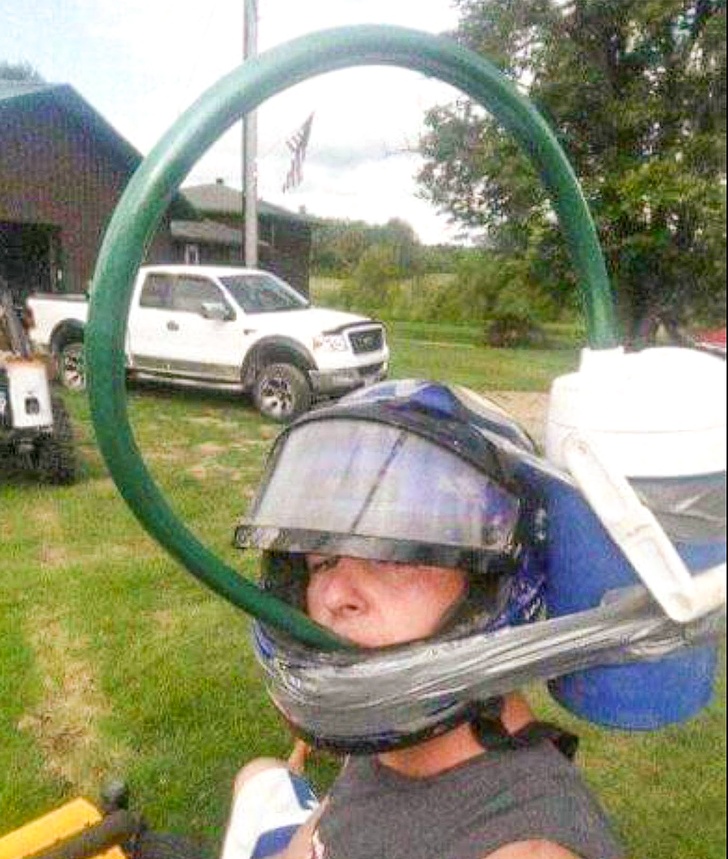 Homemade beer helmet is so homemade.