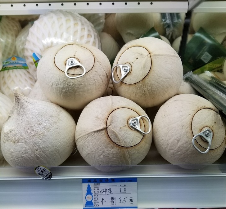 Coconuts in China are very convenient to drink from.