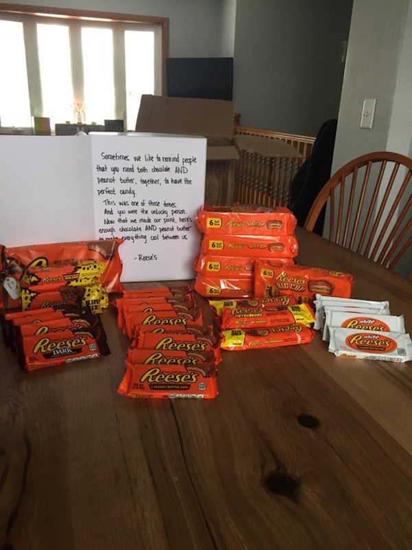 A few days later, he updated his post again with the caption:

“Reese’s has reached out and is sending me coupons. Thanks to everyone for your concerns and well-wishes through this trying time.”

Then, this arrived. Dozens, upon dozens of boxes of free candy, along with a free note from the gang at Reese’s. If you can’t read it, it says:

“Sometimes, we like to remind people that you need both chocolate AND peanut butter, together, to have the perfect candy. This was one of those times. And you were the unlucky person.

Now that we’ve made our point, here’s enough chocolate AND peanut butter to make everything cool between us.
– Reese’s”
