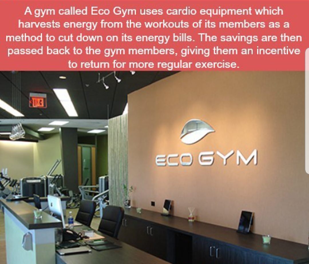 Aerobic exercise - A gym called Eco Gym uses cardio equipment which harvests energy from the workouts of its members as a method to cut down on its energy bills. The savings are then passed back to the gym members, giving them an incentive to return for m