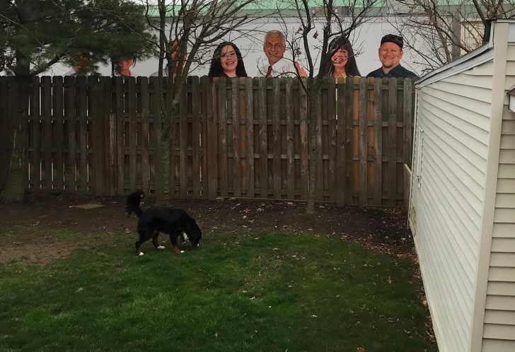 This truck is parked in such a way that it looks like giants are looking over the fence.