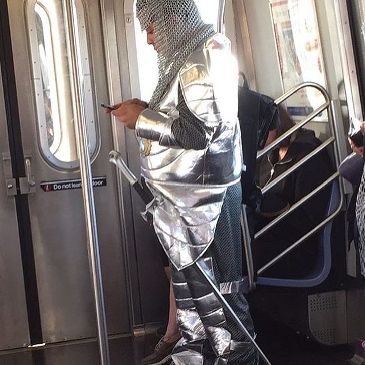 The armor and sword are must during rush hour on the subway.