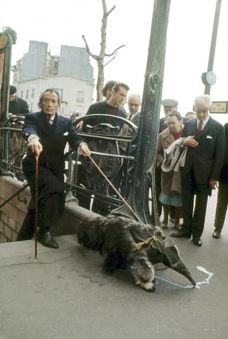 Salvador Dali taking his anteaters for a walk in Paris, 1969