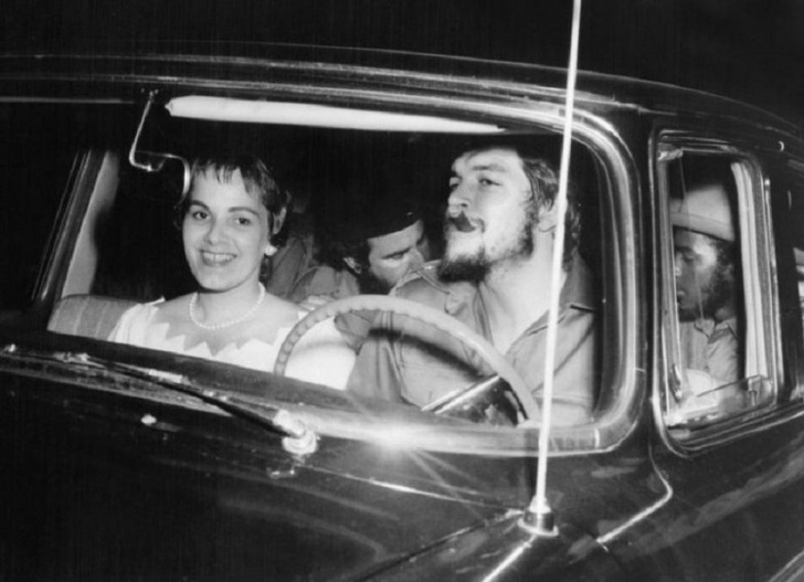 Guevara at the wheel of a US-made car with his second wife Aleida March (L) on their wedding day, Havana, 1959