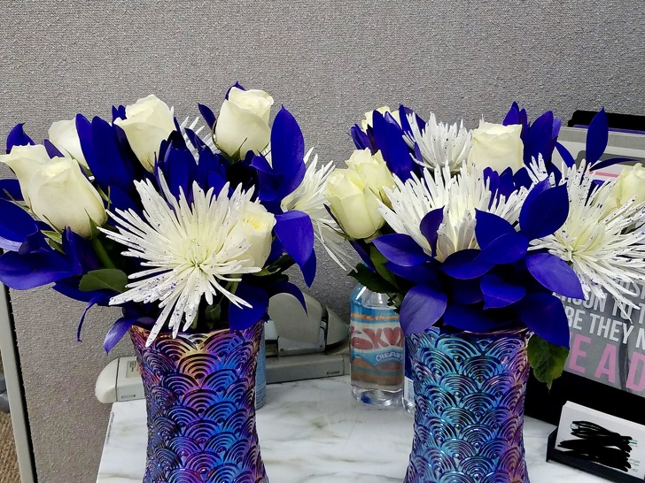 “My girlfriend and her sister coincidentally got their mother the same flower arrangement for her birthday. Even the vases match.”