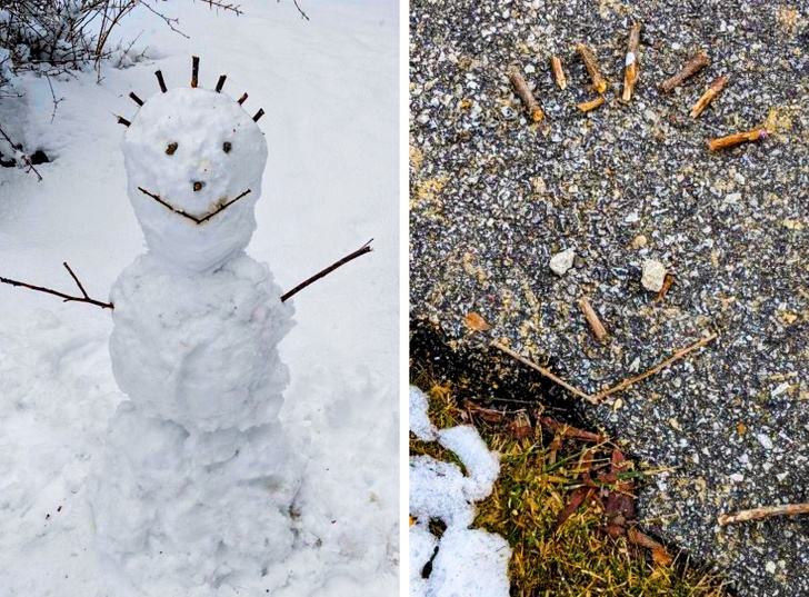 “My snowman melted, but his face still looks the same.”