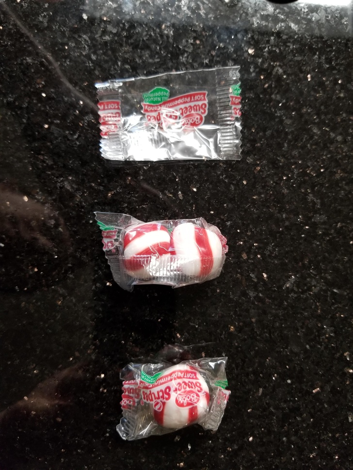 “I got one candy without a bag, 2 candies jammed in one bag, and one regular candy.”