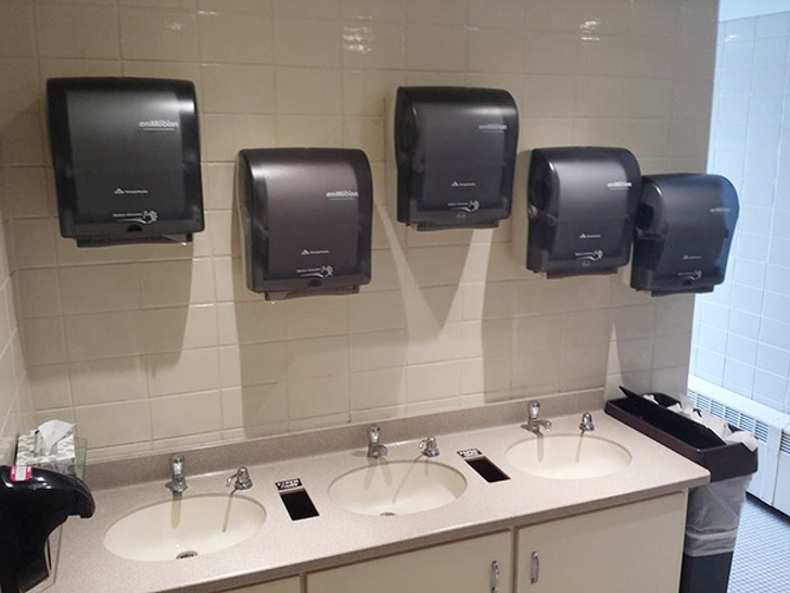 “Three sinks and five towel holders? In this order? Geez.”