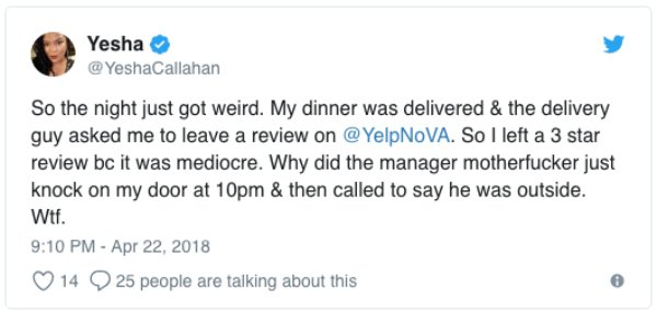 Woman leaves restaurant 3-star Yelp review and the manager escalates things in a big way