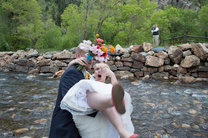 When my husband thought it was a good idea to pick me up while standing dangerously close to the creek after our wedding