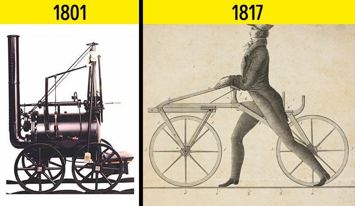 A train was invented 16 years earlier than a bicycle. The first train Puffing Devil was invented in 1801 by English engineer Richard Trevithick, while the first prototype of a bicycle, the two-wheeled device Laufmaschine, was created in 1817 by German professor — Baron Karl von Drais.