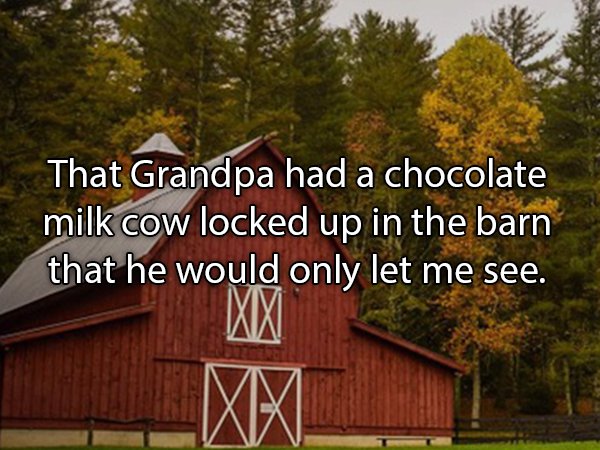 Farm - That Grandpa had a chocolate milk cow locked up in the barn that he would only let me see. Xixi