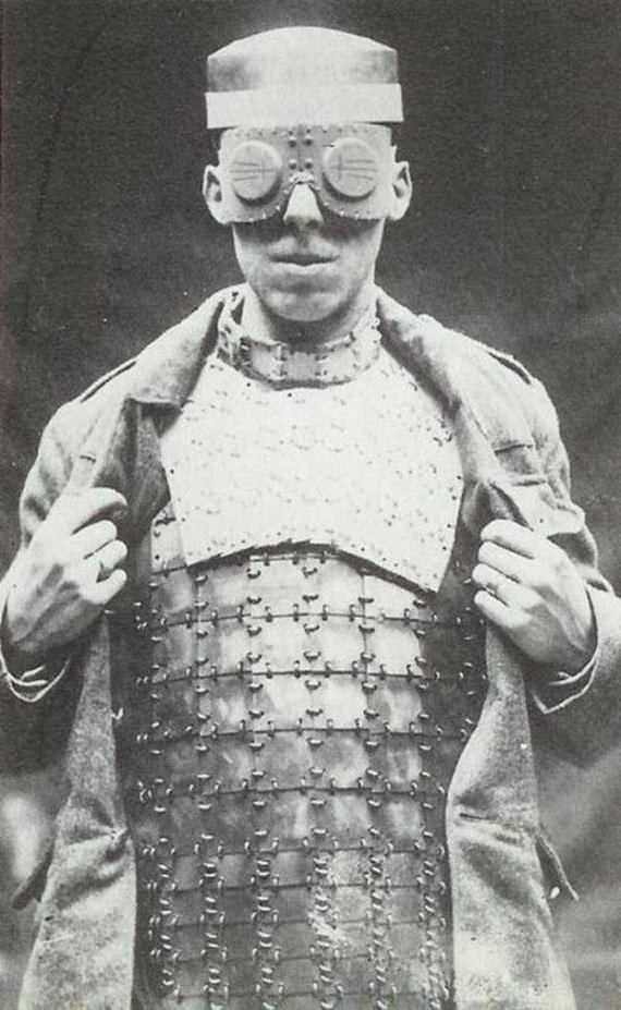 A bullet proof vest, helmet and goggles in France in 1930.