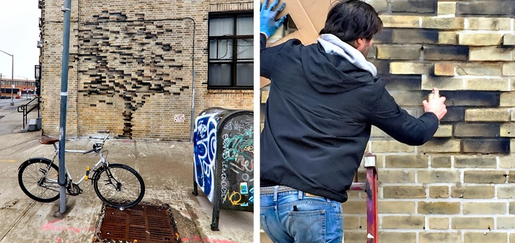 A street painter makes the bricks on these houses look as if they have fallen off in the shape of trees.