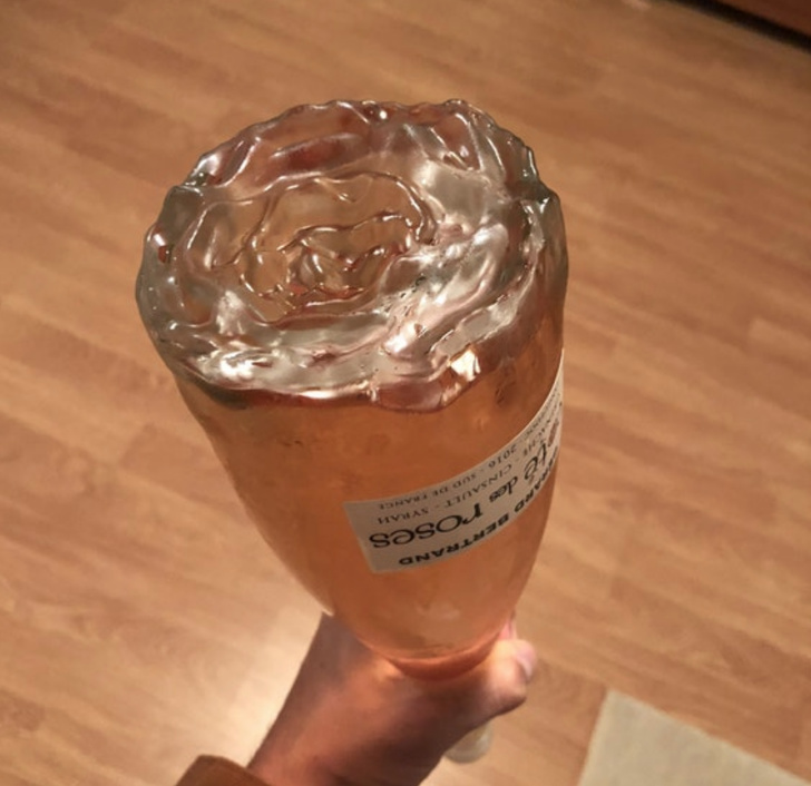 The bottom of this bottle of rosé is shaped like a rose.