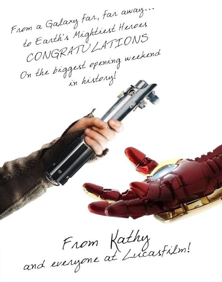 Congratulations sent to Marvel Studios from Lucasfilm on the biggest opening weekend in history