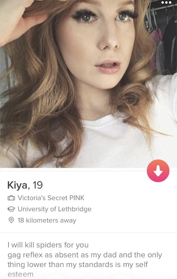 tinder- 0 Kiya, 19 Victoria's Secret Pink University of Lethbridge 18 kilometers away I will kill spiders for you gag reflex as absent as my dad and the only thing lower than my standards is my self esteem