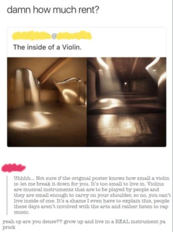 inside of a violin meme - damn how much rent? The inside of a Violin. Uhhhh... Not sure if the original poster knows how small a violin 18let me break it down for you. It's too small to live in. Violins are musical instruments that are to be played by peo