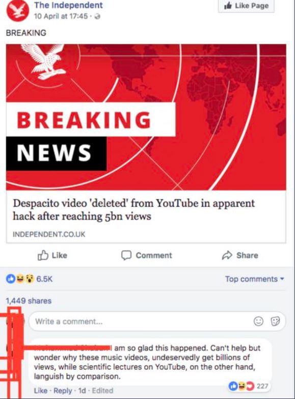 independent - Page The Independent 10 April at . a Breaking Breaking News Despacito video 'deleted' from YouTube in apparent hack after reaching 5bn views Independent.Co.Uk Comment Top 1,449 Write a comment... I am so glad this happened. Can't help but wo
