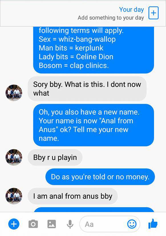 whiz bang wallop - Your day Add something to your day ing terms will apply. Sex whizbangwallop Man bits kerplunk Lady bits Celine Dion Bosom clap clinics. Sory bby. What is this. I dont now what Oh, you also have a new name. Your name is now "Anal from An