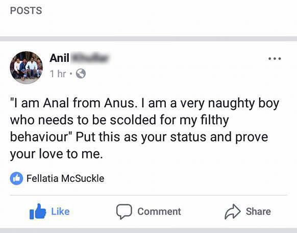 web page - Posts Anil 1 hr. "I am Anal from Anus. I am a very naughty boy who needs to be scolded for my filthy behaviour" Put this as your status and prove your love to me. Fellatia McSuckle Comment