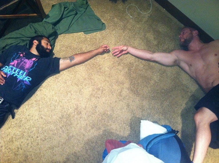 “My buddy on the left passed out at a bachelor party. I decided to lie next to him to create a cool picture.”