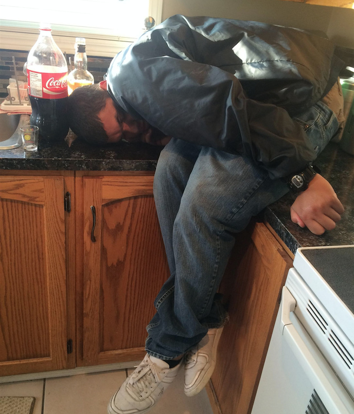 “My friend was having such a great time yesterday that in the morning I found him passed out like this.”