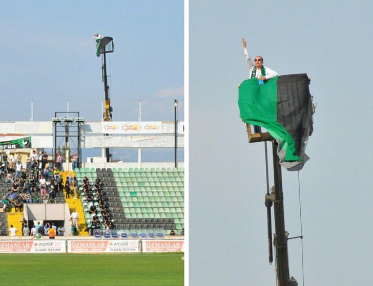 A football fan who was banned from a stadium for a year hired a crane.