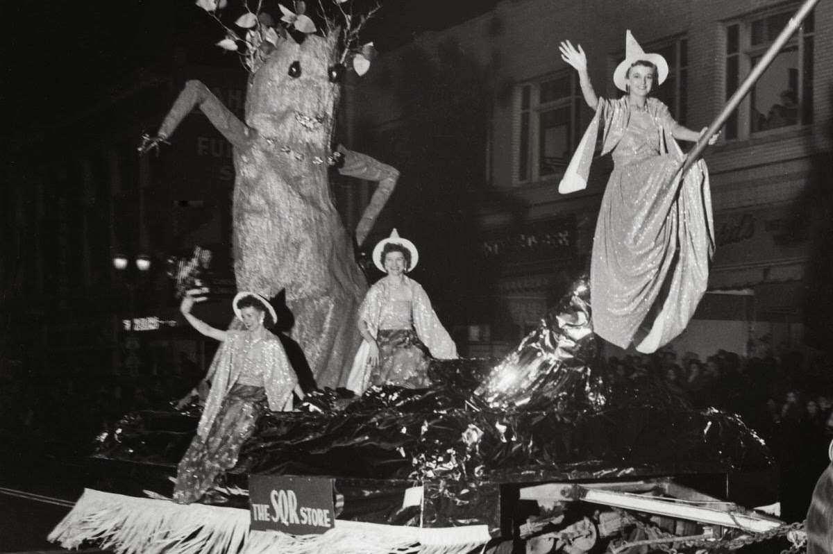 3 Witches and a tree on a float in Anaheim, CA, US in 1957.