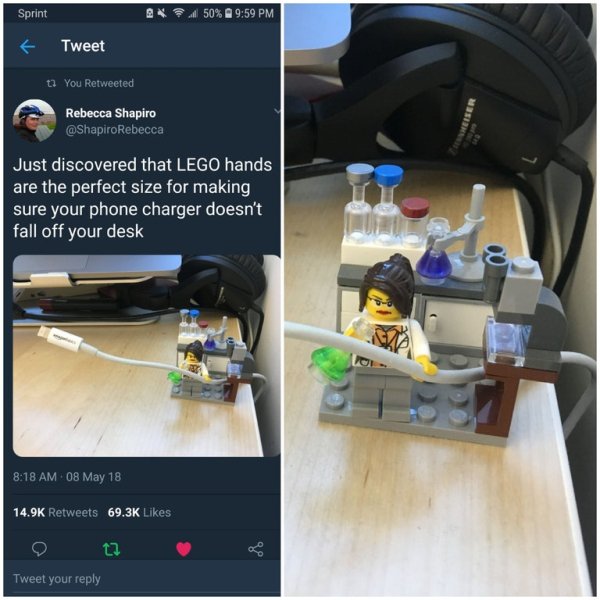 funny phone charger memes - Sprint 2 .50% f Tweet t? You Retweeted Rebecca Shapiro Rebecca Just discovered that Lego hands are the perfect size for making sure your phone charger doesn't fall off your desk 08 May 18 Tweet your