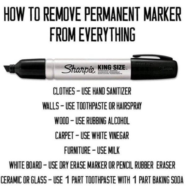 get permanent marker out - How To Remove Permanent Marker From Everything Sharpie King Size. Clothes Use Hand Sanitizer Walls Use Toothpaste Or Hairspray Wood Use Rubbing Alcohol Carpet Use White Vinegar Furniture Use Milk White Board Use Dry Erase Marker