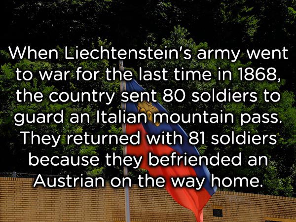 tree - When Liechtenstein's army went to war for the last time in 1868, the country sent 80 soldiers to guard an Italian mountain pass. They returned with 81 soldiers because they befriended an mis Austrian on the way home.