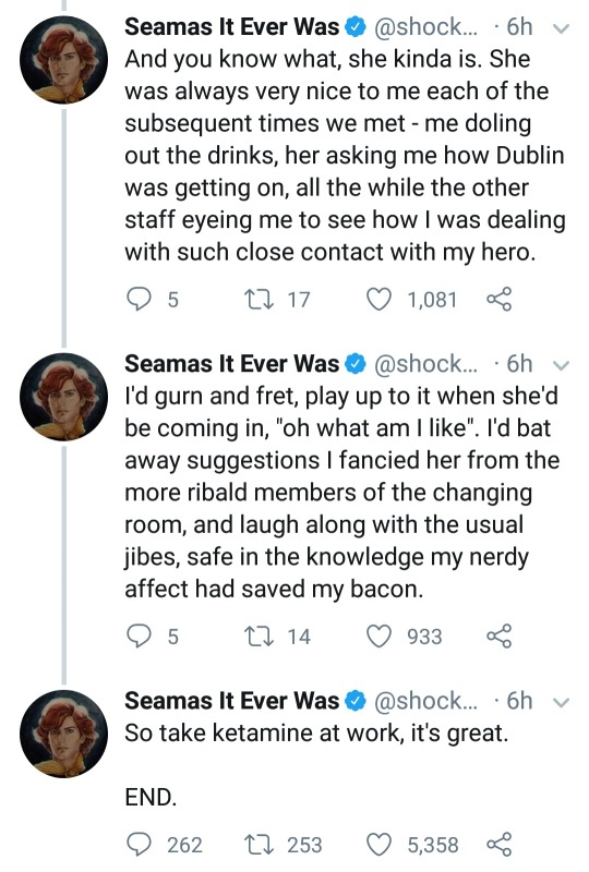 tweet - point - Seamas It Ever Was .... 6h v And you know what, she kinda is. She was always very nice to me each of the subsequent times we metme doling out the drinks, her asking me how Dublin was getting on, all the while the other staff eyeing me to s
