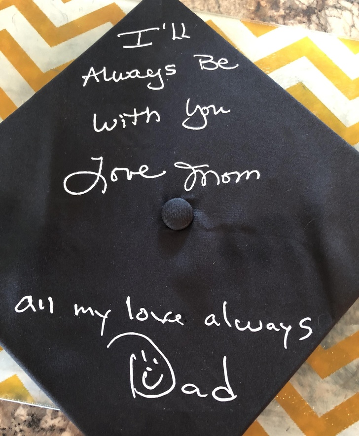 “Both my parents passed away and I wanted a way to include them at my commencement ceremony for my Bachelor’s Degree tomorrow. I uploaded the cards they had each written and used my Cricut machine to put their writing on my graduation cap.”